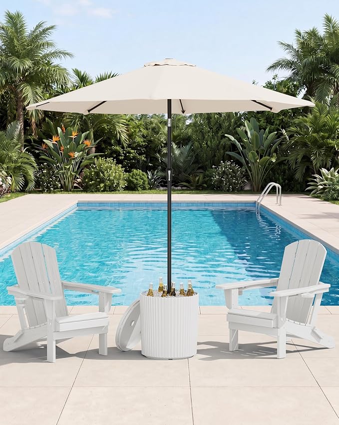 SERWALL Round Outdoor Umbrella Side Table Set of 2 - Outdoor Patio Table with Umbrella Hole for Porch/Patio/Poolside, Beige