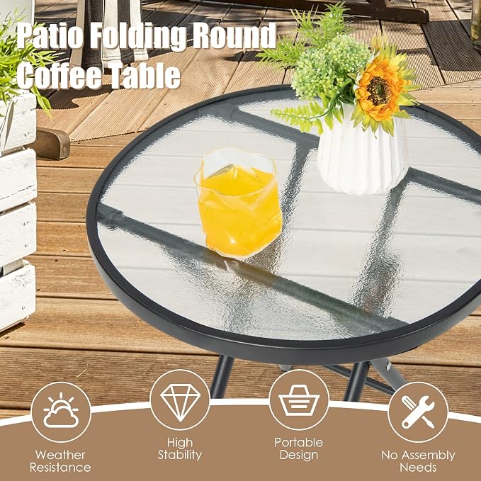 HAPPYGRILL Outdoor Side Table, Folding Small Patio Table with Tempered Glass Tabletop, Steel Frame, Round Outdoor End Table with Anti-Slip Footpads for Balcony Garden Backyard Deck Poolside