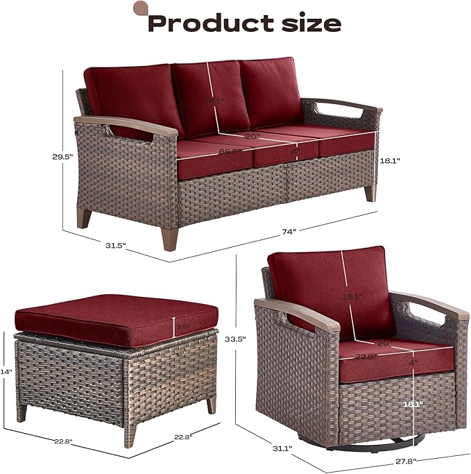 Rilyson Wicker Outdoor Patio Furniture Set - 7 Piece Patio Conversation Sets with Swivel Rocker Chairs, Ottomans, and Sofa, Thick Cushions, Waterproof Wicker, for Porch Deck Brown/Red