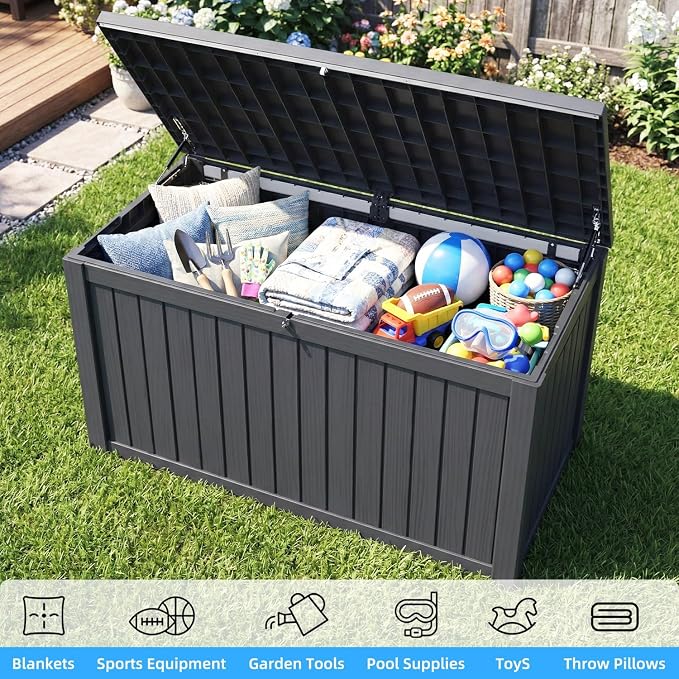 200 Gallon Deck Box, Resin Outdoor Waterproof Storage Box, Lockable Storage Box With Handle for Patio Furniture - Garden Tools - Swimming Pool Tools UV Resistant, Black