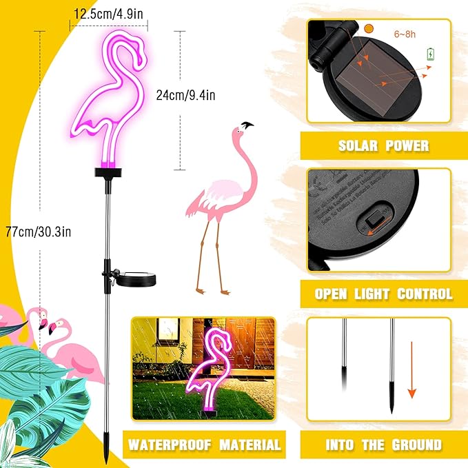 Flamingo Solar Lights Outdoor Neon Light Yard Pink Flamingo Waterproof Decorations for Garden Patio Yard Pathway Decoration(4 Pack)