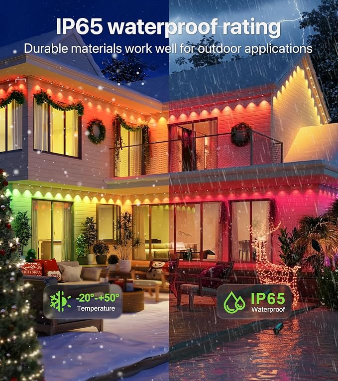 RGB+IC Permanent Outdoor Lights, DIY Lighting Effects, 200FT | Permanent Outdoor Lights with 120 LEDs, App & Remote Control, Timer, IP65 and Dynamic Effects for Yards, Home