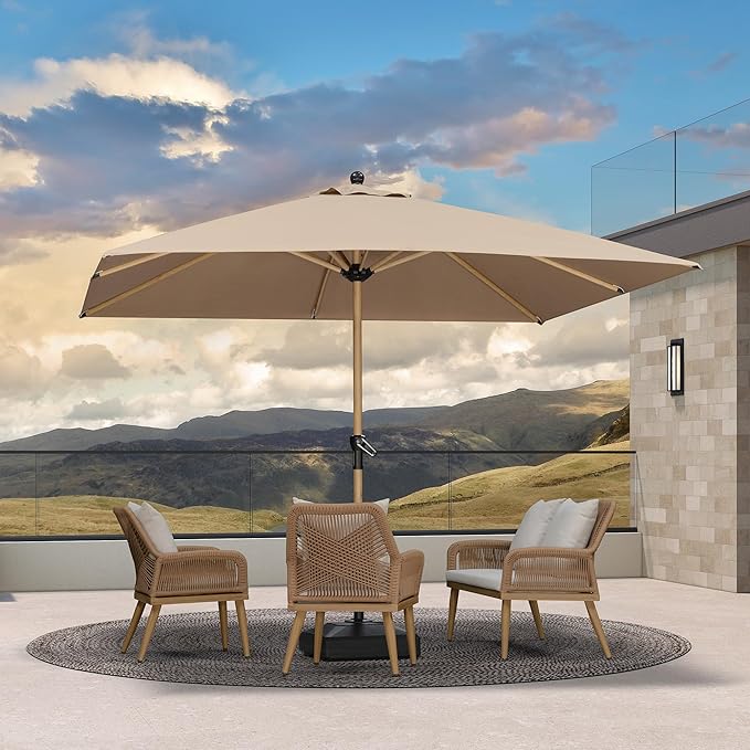 PURPLE LEAF 10' x 10' Square Patio Umbrella with Base Outdoor Umbrella Market Umbrella with Crank & 8 Ribs Aluminum Outdoor Table Umbrella for Pool Deck Backyard, Taupe
