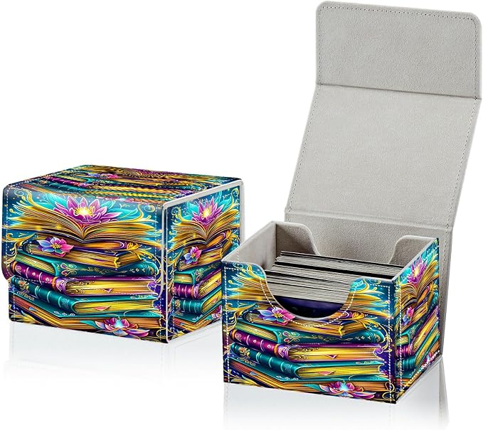 Card Deck Box for MTG, Cards Storage Box Fits 120+ Sleeved, Leather Small Size Strong Magnetic Closing Card Case for Board Games Magic TCG CCG Baseball Collection, Book Lotus Flower
