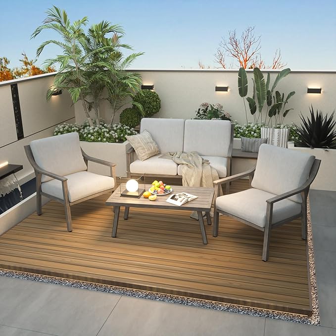 HAPPATIO 4-Piece Patio Furniture Set - Outdoor Aluminum Patio Conversation Set Includes 1 Loveseat, 2 Armchairs, and 1 Coffee Table, Perfect for Porch, Deck, Garden, (Grey)
