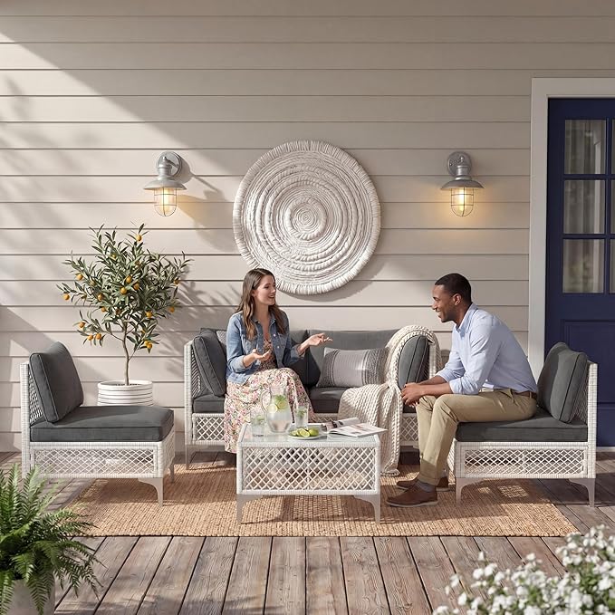ENSTVER 5-Piece Outdoor Patio Furniture Set, Value Lightweight Boho Outdoor Sectional with Handwoven Wicker & Easy Assembly, Durable Outdoor Sofa for Small Patio, Balcony（Cushion Dark Grey）