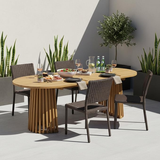 Christopher Knight Home Farley Acacia Wood Outdoor Dining Set for 4, 5 Piece Patio Dining Table and Chair Set, Faux Rattan Outdoor Dining Chair and Table Set, Teak+Brown