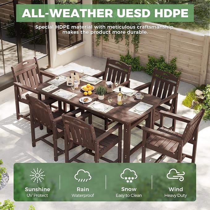 Outdoor Rectangle Dining Table, Heavy-Duty HDPE Table for 6, Weatherproof Patio Table with Umbrella Hole, Rounded Corners for Safety, Brown