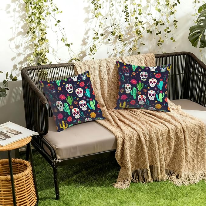 16x16 Inch Outdoor Pillow Covers Set of 2 Waterproof Throw Pillow Covers Decorative Couch Cushion Covers Mexican Skulls Cacti Flowers Square Pillowcases Protectors for Patio Garden Sofa