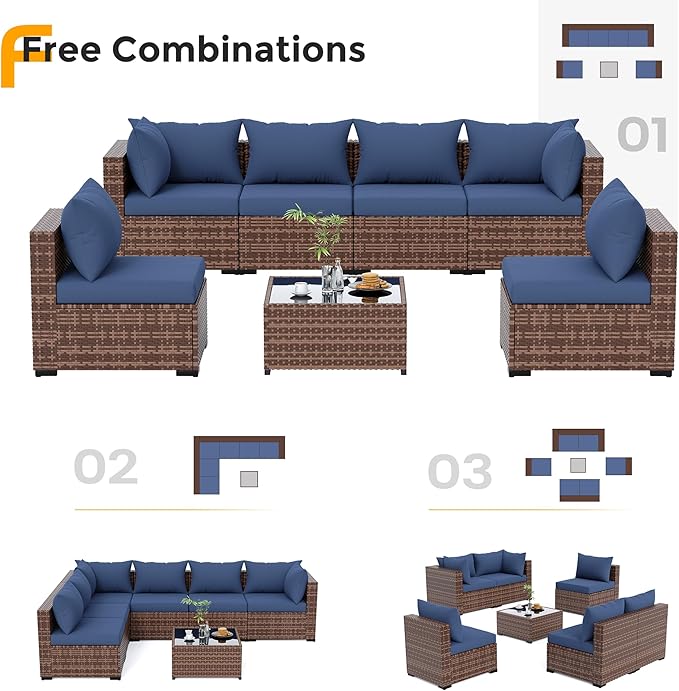 UDPATIO Patio Furniture Set Modular Outdoor Sectional 7 Piece Wicker Patio Set, Multiple Combinations Sectional Sofa w/Coffee Table, Navy Blue