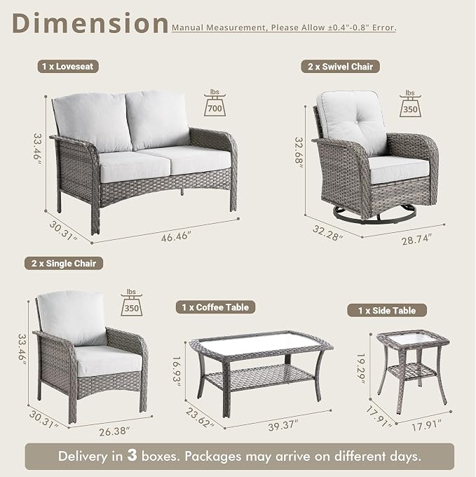 Weaxty 7 Pieces Patio Furniture Set,Wicker Outdoor Swivel Rocking Chairs,Rattan Loveseat Couch,Coffee Table,Patio Sofa Conversation Sets for Deck Backyard Porch Poolside, Dark Gray