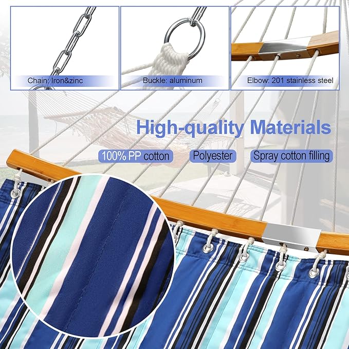 Double Hammock with Bamboo Wood Spreader Bars and Detachable Pillow, 2 Person 11 FT Portable Hammocks Bed Quilted Fabric Hammock for Yard Garden Balcony Indoor Outdoor, 440 Pound Capacity, Blue Stripe