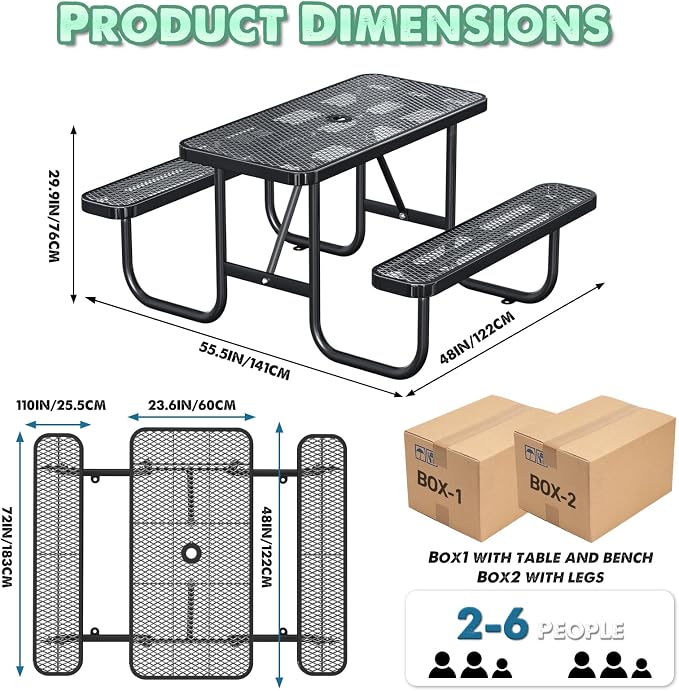 4FT Heavy Duty Picnic Table with 2 Benches, Up to 6 People Expanded Meta Outdoor Patio Dining Table with Umbrealla Hole, Outdoor Bench Set Steel Mesh Dining Furniture for Garden, Lawn, Patio