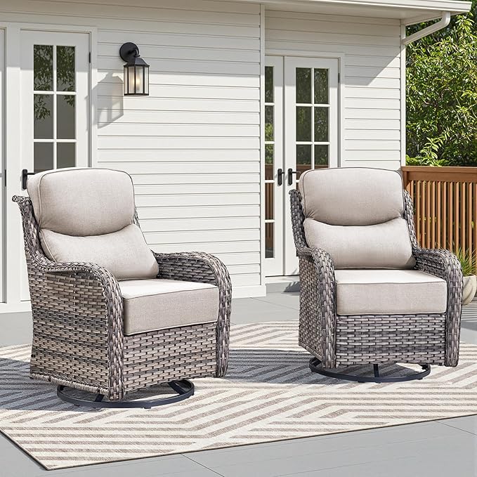 Luxury Wicker Patio Furniture Set-High Back Outdoor Swivel Chairs Set of 2 with 6" Thick Cushions Wide Armrest All Weather Patio Conversation Sets for Deck Porch Balcony(Grey/Beige)