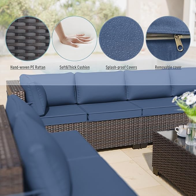 ALAULM 12 Pieces Patio Furniture Set with 2 Swivel Chairs Wicker Patio Conversation Set, Outdoor Sectional Furniture w/Coffee Table & Washable Seat Cushions-Dark Blue