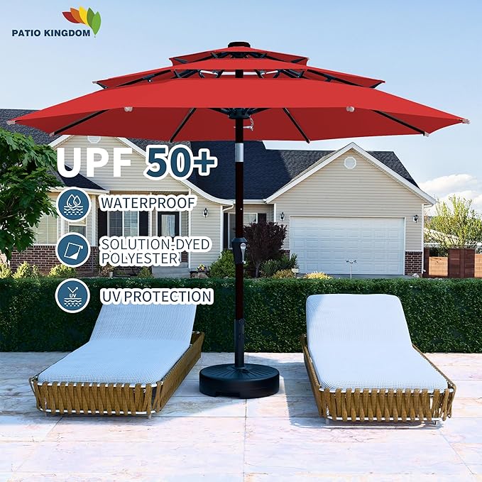 PatioKingdom 9ft 3-Tier Patio Market Umbrella with Crank/Tilt, Commercial Heavy Duty Wind Proof,Outdoor Table Umbrella with 8 Fiberglass Ribs,UPF50+ for Deck,Pool,Garden,Backyard (Red)