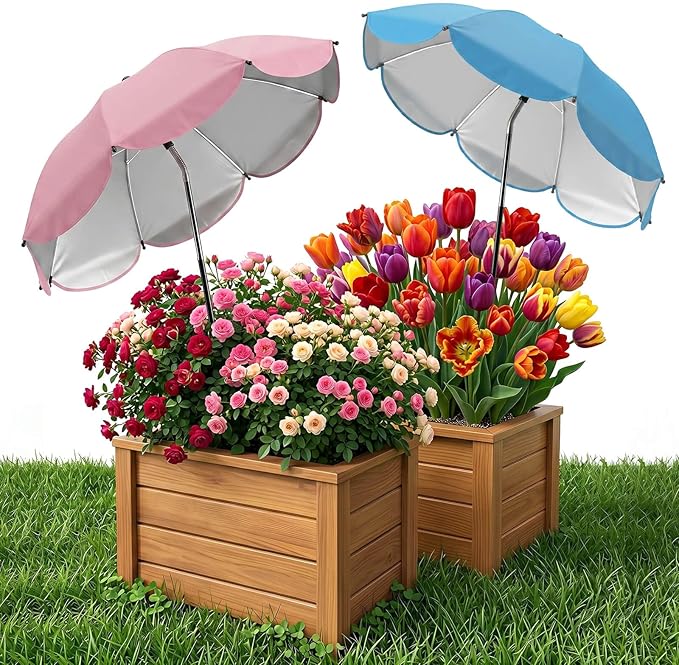 Plant Umbrellas for Outdoor Plants, Upgraded Large Garden Umbrella for Potted Plants Shade with Adjustable Height, 360° Adjustable Direction and Thickened Support Pole, Waterproof Sun Shade for Garden Potted Plants