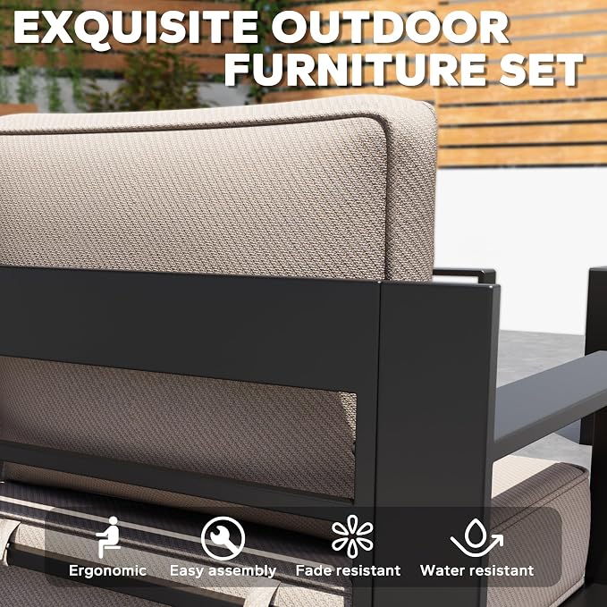 Aluminum Outdoor Conversation Furniture Set - All Weather Patio 79" Sofa with 4 Swivel Rocker Chairs, 6" Water-Resistant Cushions & Furniture Covers & Metal Armrest for Backyard (Beige)