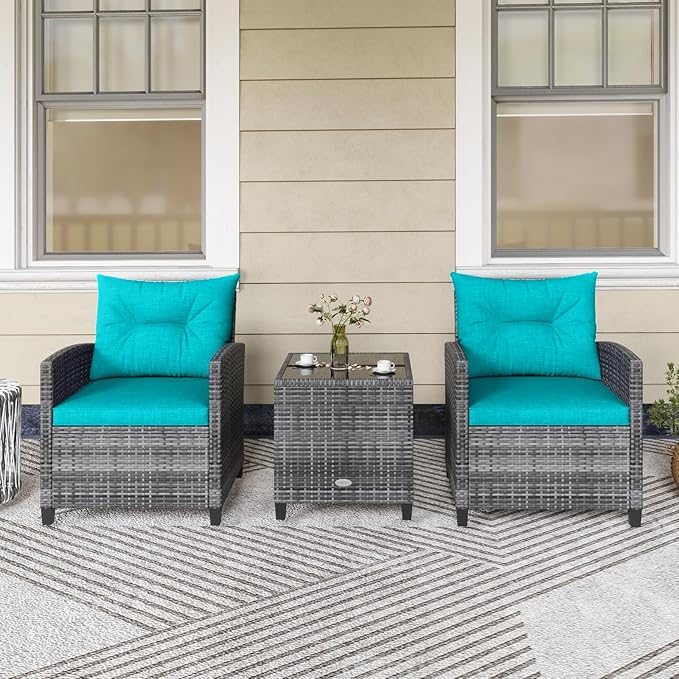 KOTEK 3 Piece Patio Furniture Set, Outdoor PE Rattan Conversation Set with Washable Cushions & Tempered Glass Tabletop, Wicker Chairs and Table Set for Porch, Garden, Balcony (Turquoise)
