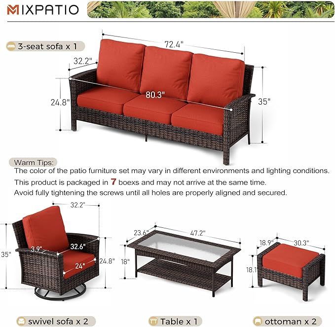 6-Piece Wicker Patio Furniture Set with Swivel Chairs, High Back Outdoor Furniture with 5.5-inch Thick Cushion and Ottoman, All-Weather Wicker Patio Conversation Set for Deck Yard Pool, Red