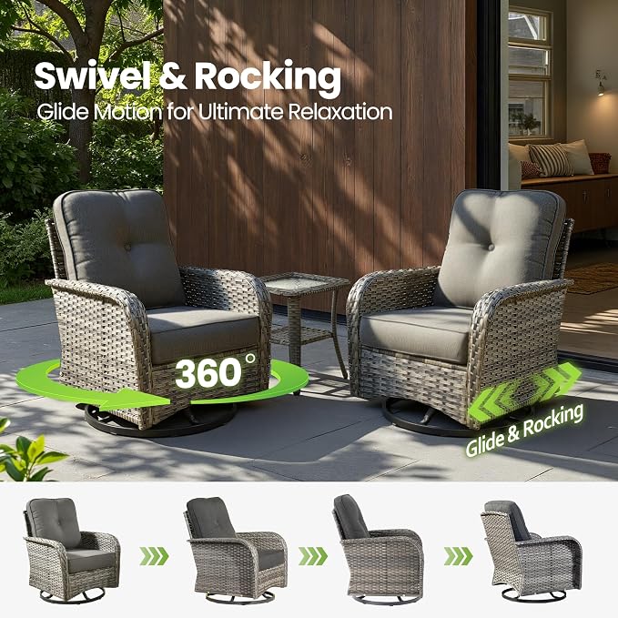 7 Piece Patio Furniture Set with Firepit Swivel Chair, Black | High Back Swivel Rocker Chairs, Deep Seat Sofa Ottoman, Fire Pit Table, Outdoor Conversation Sets for Porch Deck Backyard