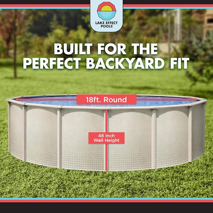 Lake Effect Pools 'Impressions' 18 ft Round Above Ground Swimming Pool Bundle | 48 Inch Height | Steel Sided Walls | Kit Includes: 25 Gauge Liner, A-Frame Ladder, Sand Filter/Pump, & Skimmer