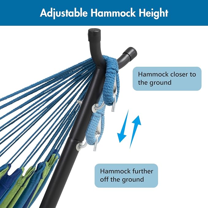 ANOW Double Hammock with Stand for Outside, Portable Space Saving Heavy-Duty Steel Stand for Indoor Outdoor Patio, 475 Lbs Capacity, Blue and Green Stripe