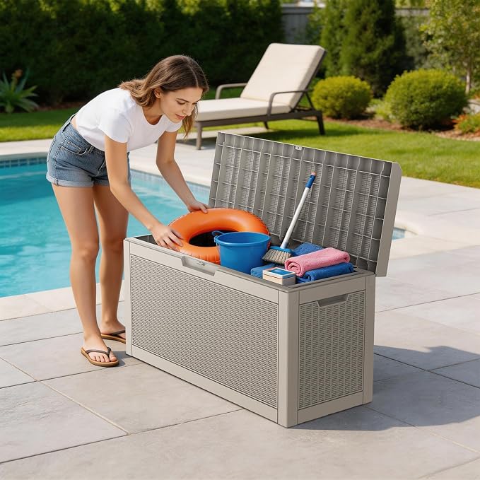 Mars Villa 60 Gallon Deck Box with Seat, Resin Outdoor Storage Box Waterproof, Lockable Lid, Weatherproof and UV Resistant, for Patio Furniture Cushions, Pool Supplies, Garden Tools, Grey