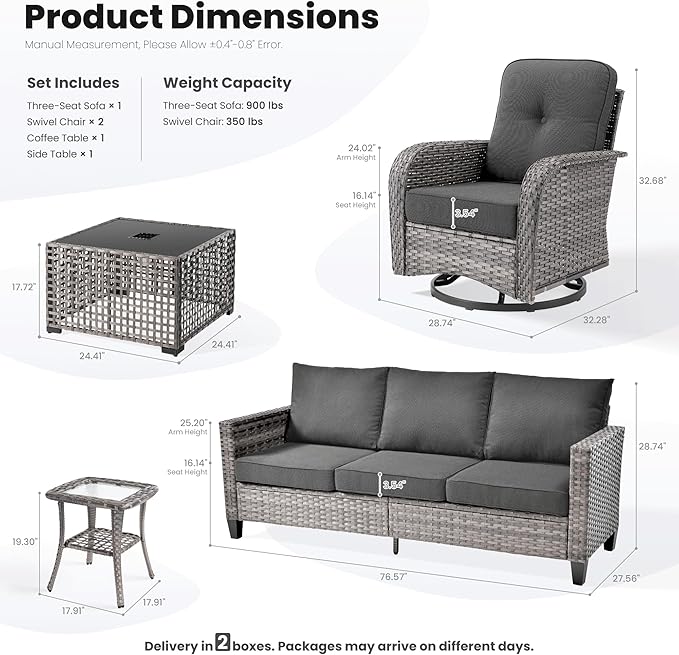 ovios 5 Pieces Patio Furniture Set, Outdoor Wicker Sofa Couch with Rocking Swivel Chairs Solar Lights Table, Modern Deep Seat Rattan Conversation Sets for Deck Porch, Black