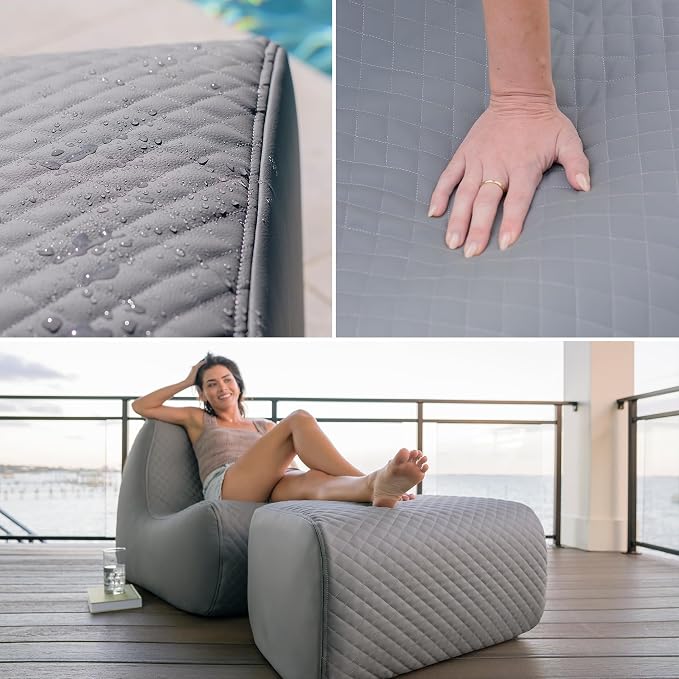 Big Joe Solvana Outdoor Lounge Chair and Ottoman, 2 Piece Patio Furniture Set, Weather-Resistant Cool Touch Silicone Stitched Leather, Moonlit Gray