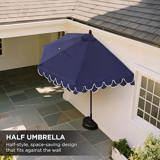 JONATHAN Y Terrace Scalloped 9 ft. Half Round Patio Umbrella with Crank Lift and Tilt, Coastal Semicircle Market Wall Umbrella for Balcony, Navy/White, Dark Brown Pole UMB1202B