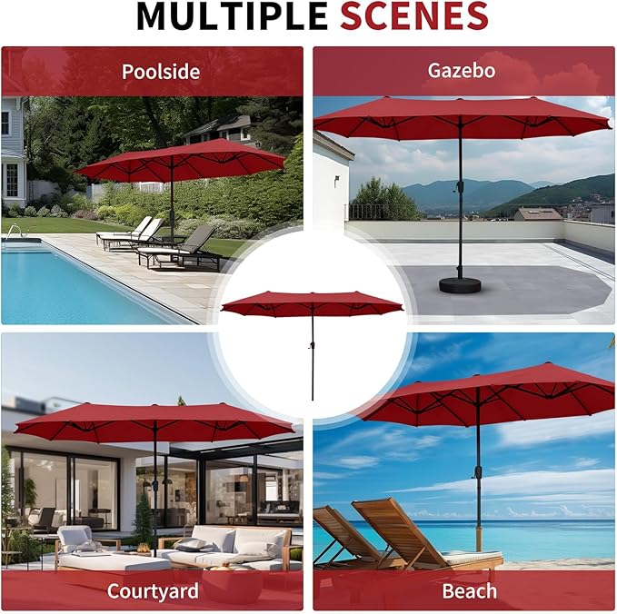13 ft Patio Umbrella, Large Rectangle Outdoor Umbrella with Strap, Crank, Red