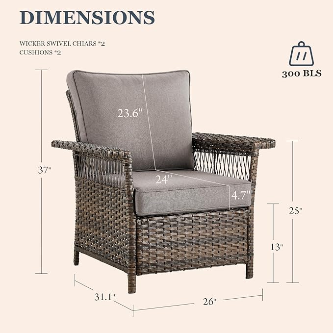 Patio Furniture Set - 2 Wicker Chairs with 2 Rattan Ottomans, 1 Wicker Side Table, Grey Cushions - 5pc Conversation Set for Garden, Balcony, Backyard