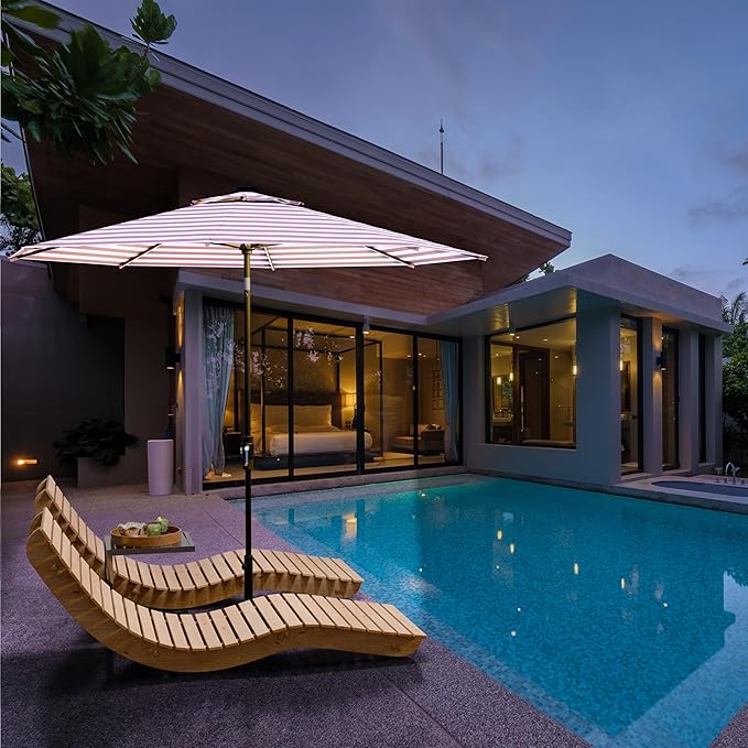 Midtown Umbrellas The LED Swilt 9 Feet Patio Umbrella With Terylast Midtown Stripes Purple/White Polyester Fabric - Auto-Tilt Aluminum Frame w/LED Lights For Backyard, Deck, Garden, Pool - Black Pole