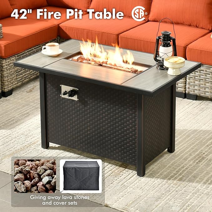Weaxty 10 Pieces Outdoor Patio Furniture Set with Swivel Rocking Chair, Outdoor Sectional Sofa Couch Wicker Modular Patio Conversation Set w/42 Fire Pit and Coffee Side Table,Orange