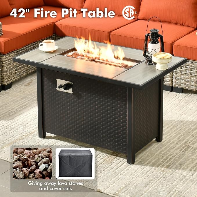 Weaxty 7 Pieces Wide Seats Outdoor Furniture Set, L Shape Sectional Couch Ottoman Fire Pit Solar Table, Thick Cushion All-Weather Rattan Patio Conversation Sets for Backyard Porch Deck, Orange Red