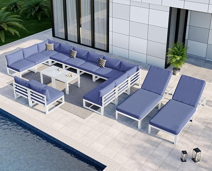 NICESOUL 16 Piece XL Aluminum Patio Sectional Furniture Set with Chaise, 500 lbs Heavy Duty Anti-Rust Outdoor Couch, 29" Extra Deep Wide Seating, High End Conversation Sofa for Poolside, Denim Blue