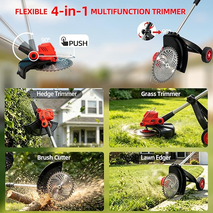 Electric Weed Wacker with Wheel, 3-in-1 Brushless Brush Cutter/String Trimmer/Grass Trimmer/Lawn Mower, 12" Cordless Weed Eater Battery Powered, 2 * 4000mAh Battery, 4 Blade and Charger