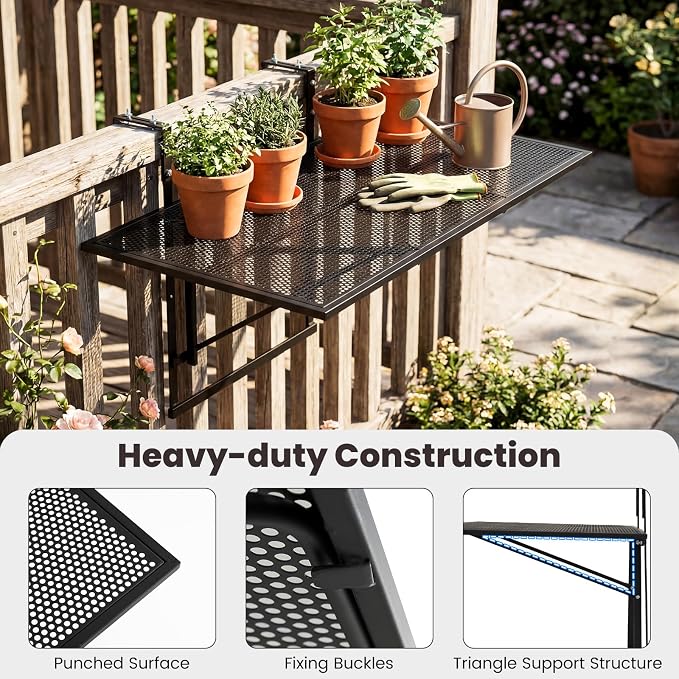 Giantex Balcony Railing Table, 31.5" Large Metal Folding Bar Table with 5-Position Adjustable Height, Heavy Duty Outdoor Hanging Breakfast Table Adapts Various Railings for Porch, Patio, Deck, Black