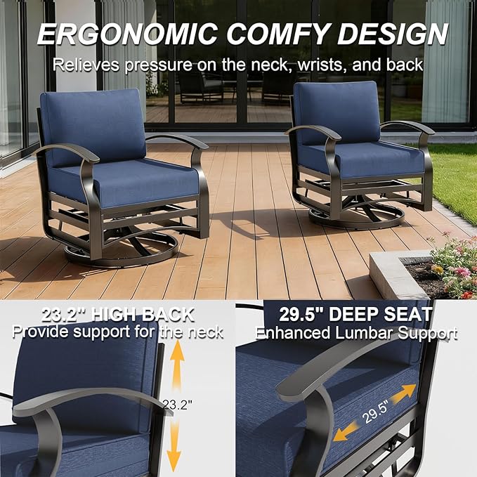 Gotland 5 Piece Patio Set, Aluminum Outdoor Swivel Chairs Set with 48’’ Round Fire Pit 5.1’’ High-Resilience Seat Cushions 29.5" Deep Seating, Metal Patio Furniture Set Patio Conversation Sets, Grey