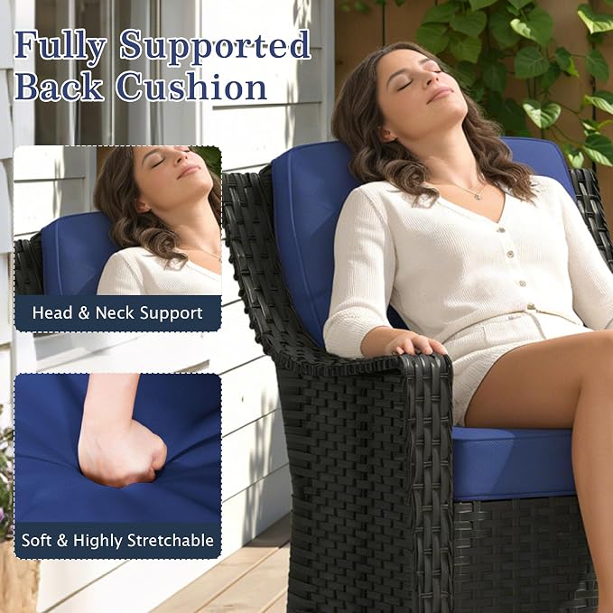 3 Pieces Patio Rocking Chairs, 2 High Back PE Rattan Furniture Set and Side Table, Outdoor Wicker Furniture Set, All Weather Patio Set with Waterproof Cushion for Porch and Deck