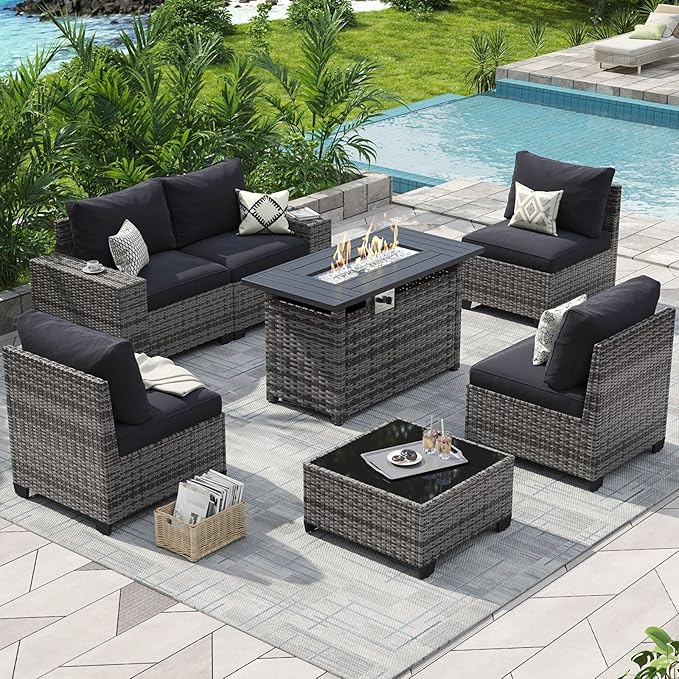 Aoxun Outdoor Patio Furniture Set with 44'' Fire Pit Table, 7 Pcs Outdoor Patio Furniture Sets with 4'' Thicken Cushion, Widen Armrests Wicker Outdoor Sectional for Backyard (Gas Converter Include)