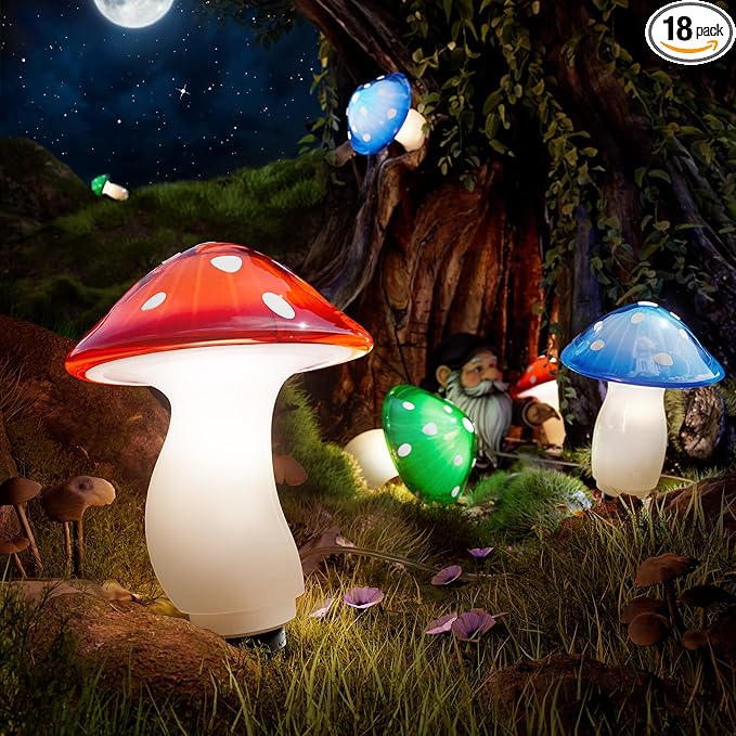 BITPOTT 18 Pack 60FT Solar Mushroom Lights, Multicolor 8 Modes Solar Lights Outdoor, IP65 Waterproof Garden Light Outdoor Decoration for Path, Yard, Patio, Lawn, Party, Christmas Decor (Multicolor)