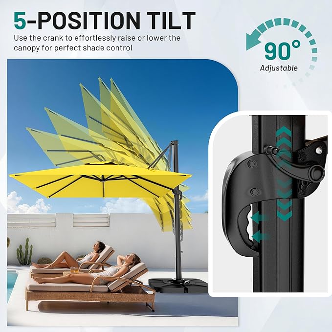 AreShark 9 × 9FT Square Cantilever Patio Umbrella with Base Included, 360° Rotation Offset Outdoor Umbrella, 5 Tilt Settings Heavy Duty Hanging Parasol for Deck Garden Pool, Yellow