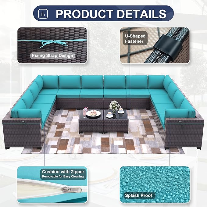 Patio Furniture Set 14-Piece Outdoor Furniture for Backyard Wicker Sectional Sofa Set, PE Rattan Patio Conversation Set 12 Seat with 4 Inch Thickened Cushions and Glass Coffee Tables, Blue
