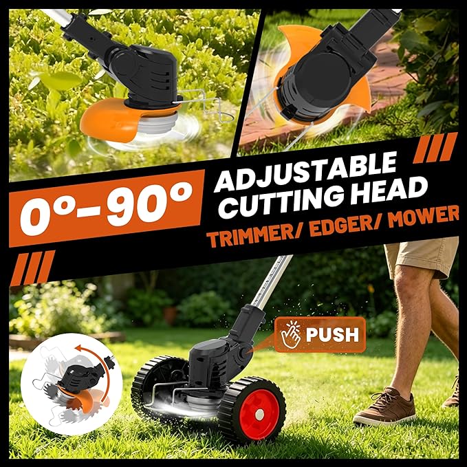 Electric Weed Wacker Cordless Weed Eater 21V Battery Powered No String Trimmer,3 in 1 Lightweight Portable Edger Grass Trimmer/Brush Cutter/Lawn Mower with 4 Types Blades & Wheels for Yard and Garden