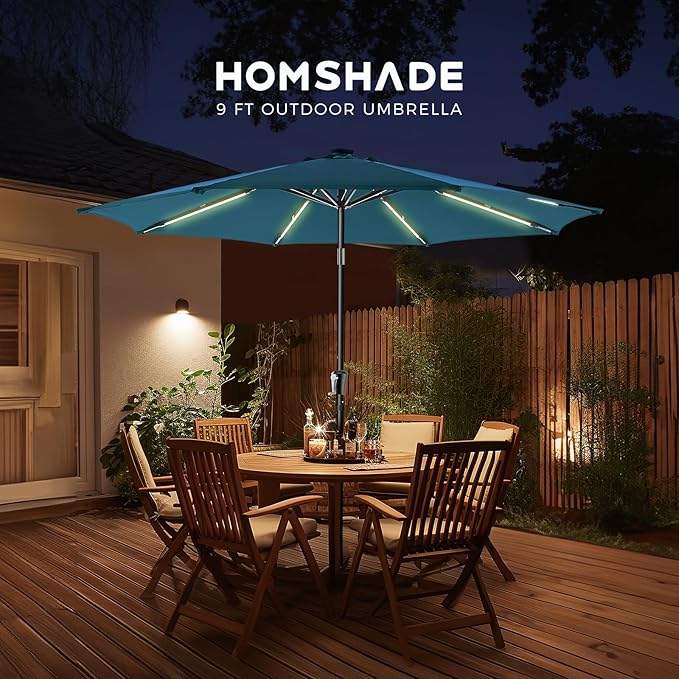 HOMSHADE 9ft Solar Patio Umbrella - Solar Lights LED Lighted UPF50+ UV Protection Umbrella, Outdoor Market Table Umbrella with Push Button Tilt, Crank for Pool Deck and Garden (Peacock Blue)
