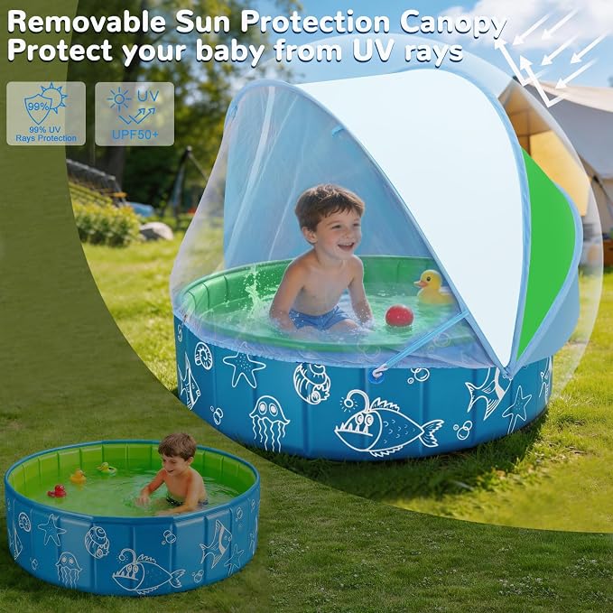 Foldable Kiddie Pool with Canopy, 47in Baby Pool with Detachable UPF 50+ Sunshade, Portable Non-Slip Swimming Pool Dog Pool for Backyard, Beach, Outdoor Summer Water Play