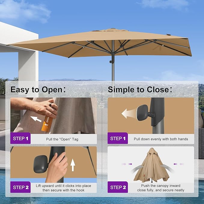 PURPLE LEAF 11 X 11 FT Commercial Square Patio Market Table Sun Umbrella Heavy Duty Semi-Auto Open Reinforced Aluminum Frame for Hotel Restaurant Cafe Poolside Outdoor Dining Garden Business Use Beige