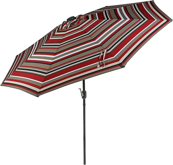 Sunnydaze 9 ft Striped Patio Umbrella with Solar Lights - Polyester LED Table Market Umbrella with Tilt and Crank - Awning Stripe